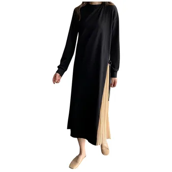 

KLV dress women dress Women Casual Solid O-Neck Dress Long Sleeve Big Swing Pleated Dress платье женское платье Free shipping D4