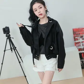 

Fashion Office Lady Faux Leather Jacket for Women Solid Loose Winter PU Jackets Turn-down Collar Womens Coats