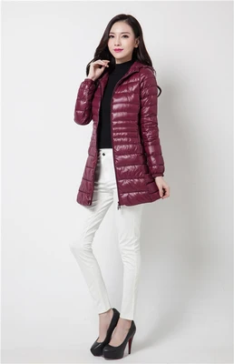Wine Red-hooded Повседневный ультра-светильник, тонкое 90% белое пуховое пальто, Зимняя мода, S-7XL размера плюс, пуховик для женщин, тонкая верхняя одежда с капюшоном Mw934 - Цвет: Wine Red-hooded