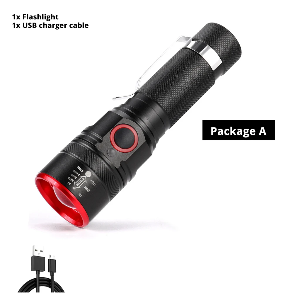 Package A Usb зарядка светодиодный фонарь для велосипеда 3 режима освещения масштабируемый водонепроницаемый портативный фонарь питание от аккумулятора 18650 с Бесплатный usb-кабель - Цвет: Package A