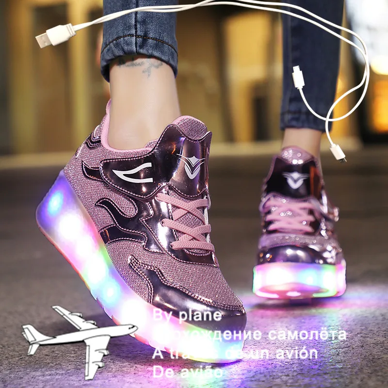 Zapatillas de deporte ruedas dobles y niñas, zapatos con luz LED, carga USB, talla 27-43 - AliExpress