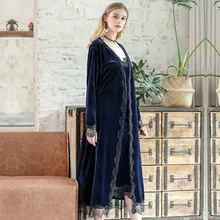 Золотые бархатные пижамы для женщин, Осень-зима, теплые пижамы, набор, Женская Сексуальная кружевная одежда для сна, без рукавов, на бретелях, ночной халат, комплект из 2 предметов