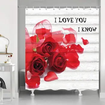 

Valentine's Day Falling Rose Flower Petal with Red Ribbon on Rustic Wooden Shower Curtain Bathroom with Hooks Waterproof Home