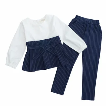 

School Kids Striped Outfits Ruffle Shirts &Pants Suits Girls Clothing Sets Autumn Patchwork Teen Clothes For Girls Sets 2020 New
