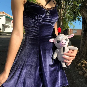 InsGoth Goth Cross Sexy Purple Dress Vintage Velvet A Line Lolita Dress Aesthetic Gothic High