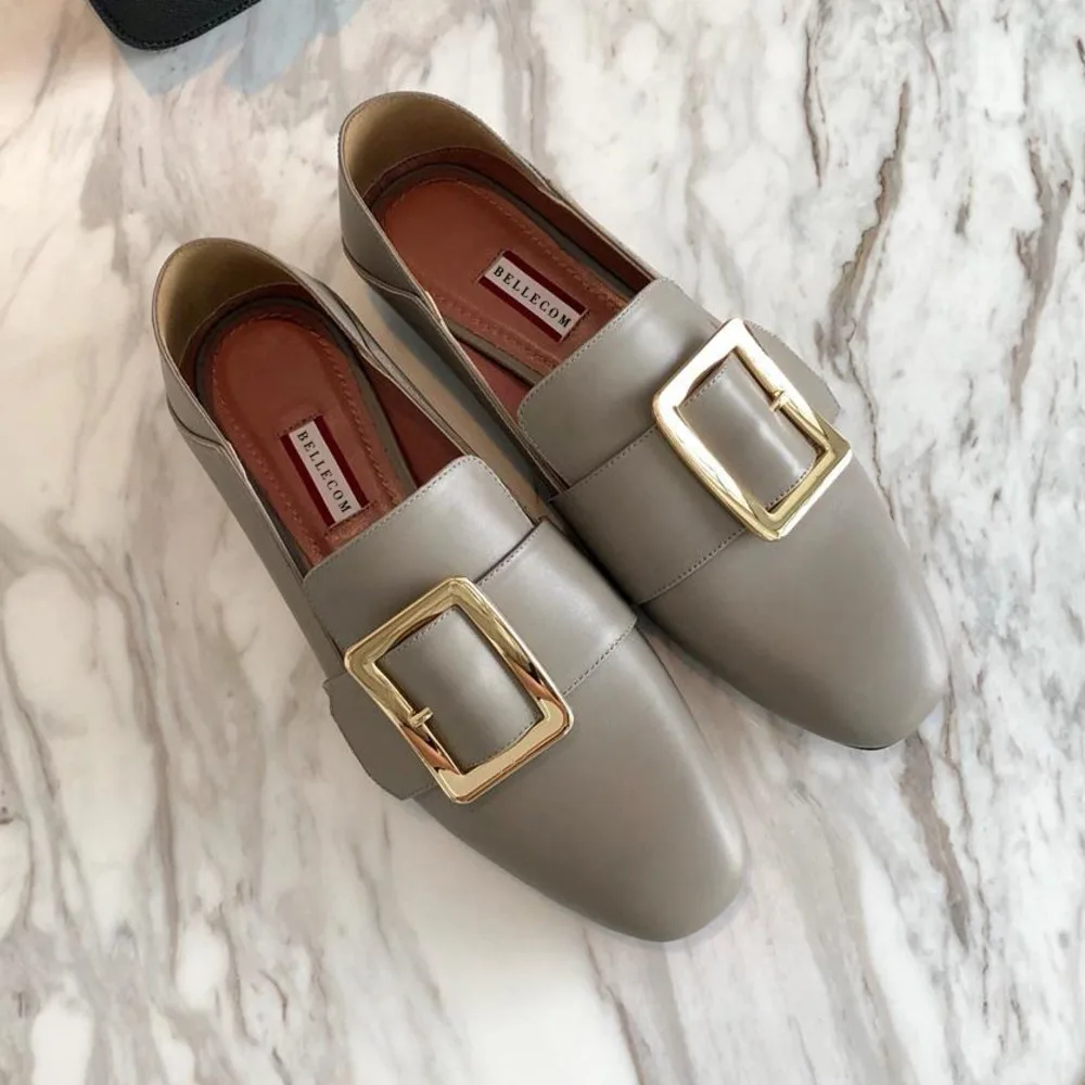 

SONFRNCH 2019 Spring and Summer New Metal Square Button with One Pedal on Leather Leisure Flat sole Single Shoes Comfortable Lef