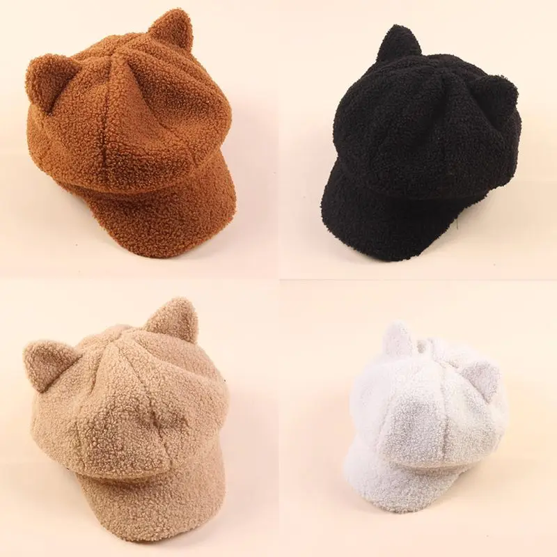 Женский зимний теплый берет из искусственной шерсти с милыми кошачьими ушками, восьмиугольная шапка с тыквой 35EF
