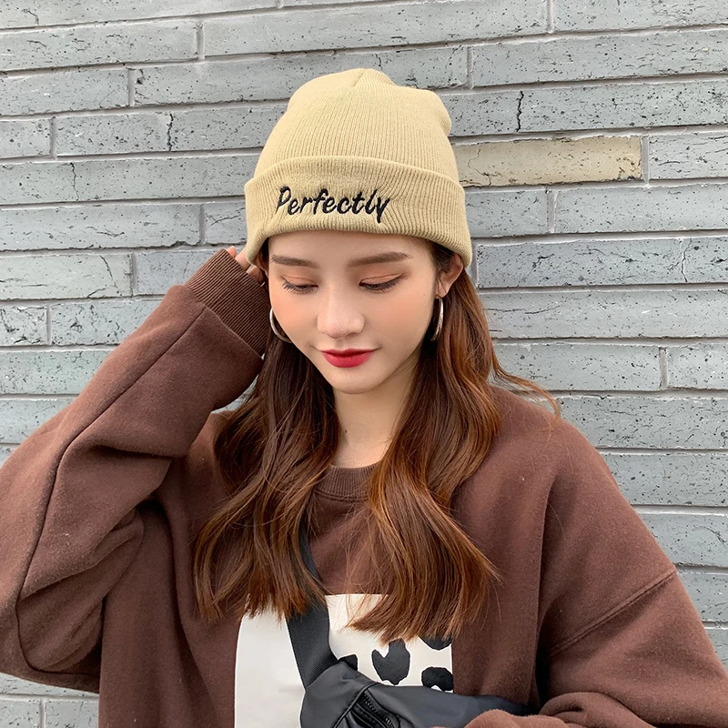

Korean version Unisex black Cotton K-POP Bangtan Boys hat Letters embroidery Wool cap Knitted hat autumn winter Warm