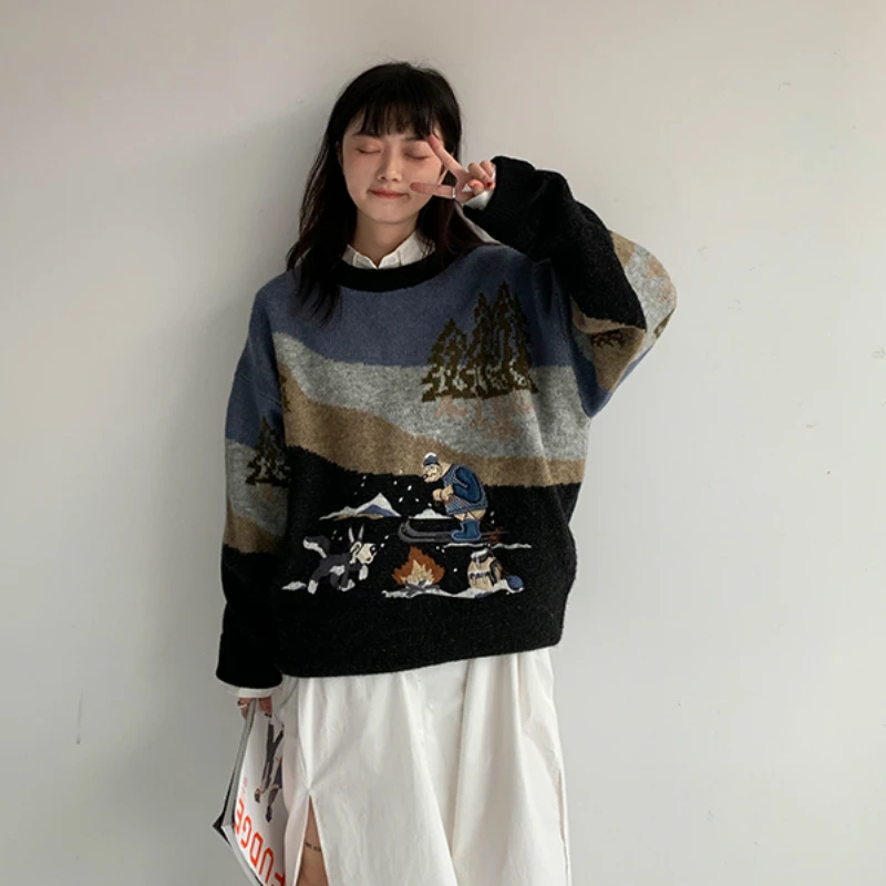 Woherb Pull Femme, осенне-зимний вязаный свитер в стиле Харадзюку, Женский контрастный пуловер с мультяшной вышивкой, джемпер, корейские свитера