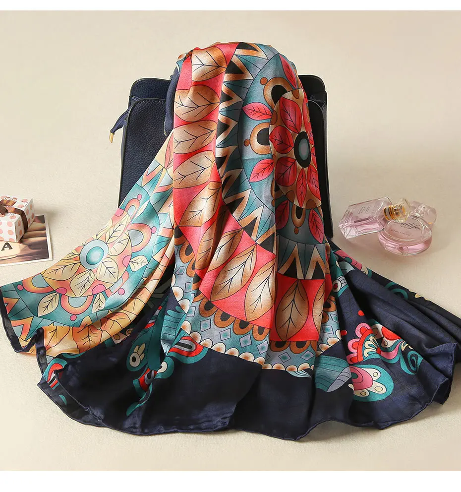 Роскошный саржевый Шелковый квадратный шарф, женский, хиджаб, платок для женщин, палантин для волос, Пляжная атласная шифоновая шаль, женский квадратный шарф для дам