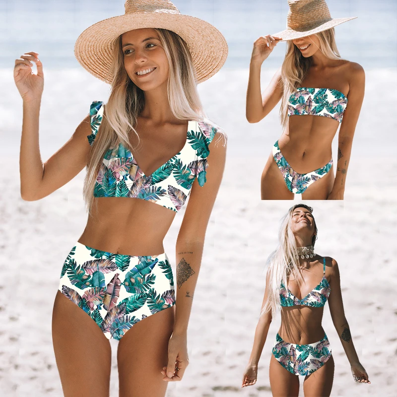 

2020 Summer Print Ruffle Bikini Set Women Tube Top Swimsuit Sexy High Waist Swimwear Solid Beachwear High Cut Bathing Suit Mujer