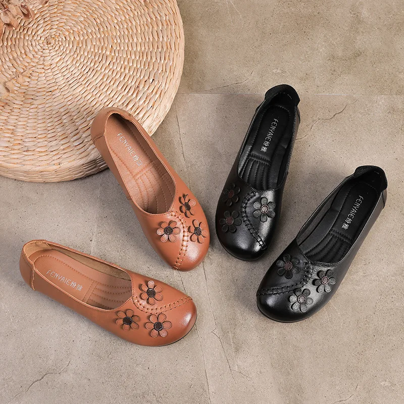 

9363 Genuine Leather Mom Shoes Flat Heel Comfortable WOMEN'S Shoes Fashion National Wind Low Heel Shoes Work Shoes