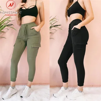 

England Style Women Summer Autumn Pencil Pants Drawstring Design Pockets Decor Mid Waist Solid Slim Hips Ankle-Length Trousers