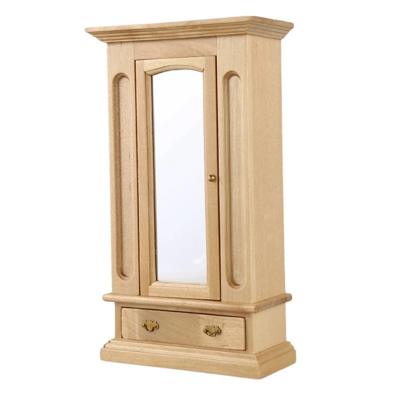 

1:12 Scale Dollhouse Miniature Bedroom Furniture Clothes Wardrobe with Opening Mirror Door Drawer new Natural