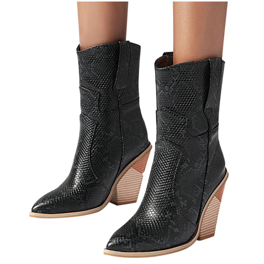 autumn Winter new Womens Leather Snake Print Wedges Shoes Pointed Toe Cowboy Slip-On Boots high heel boots women boots#O19