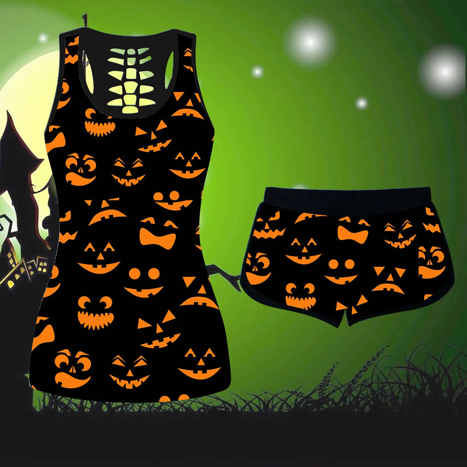 Summer Refreshing Women's Printing Short Set Halloween Nightwear Round neck tops Shorts Set Halloween atmosphere clothes 2021 2