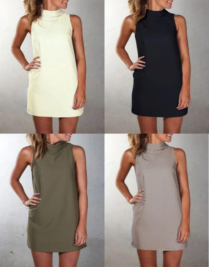 

Europe And America 4-Color Casual High Collar Sleeveless Dress