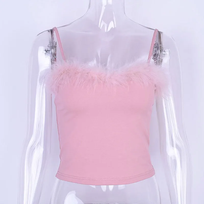 Pink Manoswe, женская мода, сексуальная майка из плюша, топ, без рукавов, на бретелях, тонкая,, весна, осень, короткая майка, уличная одежда, рождественские Топы - Цвет: Pink