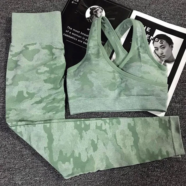Green Set SALSPOR Camo Seamless Yoga Set Women Shark Fitness Clothing Camo Leggings+ High Impact Sport Bra 2 Pcs Gym Sportswear Tracksuit - Цвет: Green Set