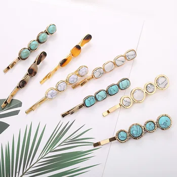 

2pcs/set Korean Fashion Women Girls Gold Metal Geometric Hair Clips Natural Stone Hairpins Vintage Barrettes Hair Accessories