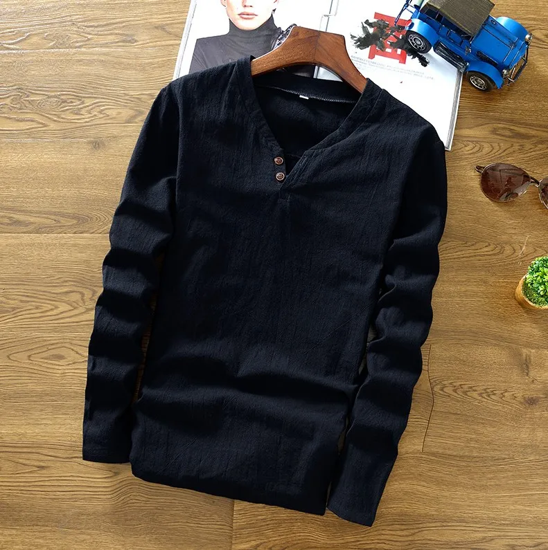 black-2 button Мужские хлопковые льняные рубашки с длинным рукавом, повседневные, размера плюс 5XL, v-образный вырез, выше размера, китайский стиль, черный цвет, хаки, топы, футболки на осень и зиму - Цвет: black-2 button