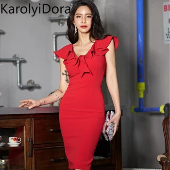 

Sexy Red Party Dress V-neck Ruffle Sleeveless Summer Women Sheath Dress 2020 Spring Back Mesh Patchwork Vestidos femme