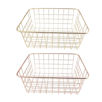 

2 Pcs Nordic Style Metal Wire Storage Basket Cosmetic Organizer Holder Bathroom Shelf - Gold & Rose Gold