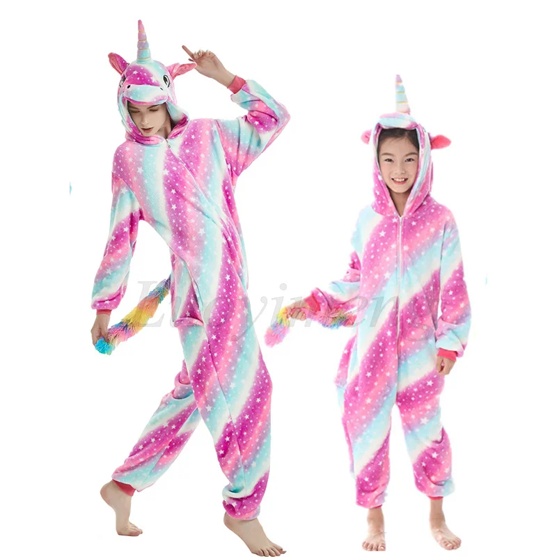 Winter Animal Pajamas Adults Kids Unicorn Onesie Flannel Sleepwear Kigurumi Fox Panda Pyjamas Children Anime Costume Jumpsuit