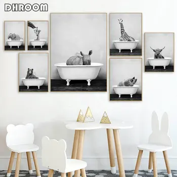 

Baby Animal Poster Panda Giraffe Elephant In Bathtub Canvas Painting Nursery Wall Art Nordic Picture Kid Room Decoration