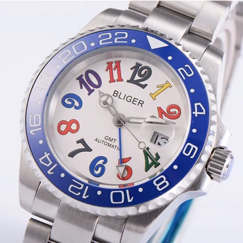 

BLIGER 40mm Mens White digital Dial Blue Spin bezel GMT Automatic mechanical Watch Auto Date super luminous waterproof watch men