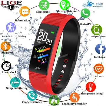 

LIGE Sport Bracelet Smart LED Color Screen Heart Rate Monitor Pedometer Tracker Waterproof Fitness Watch Women For Android IOS