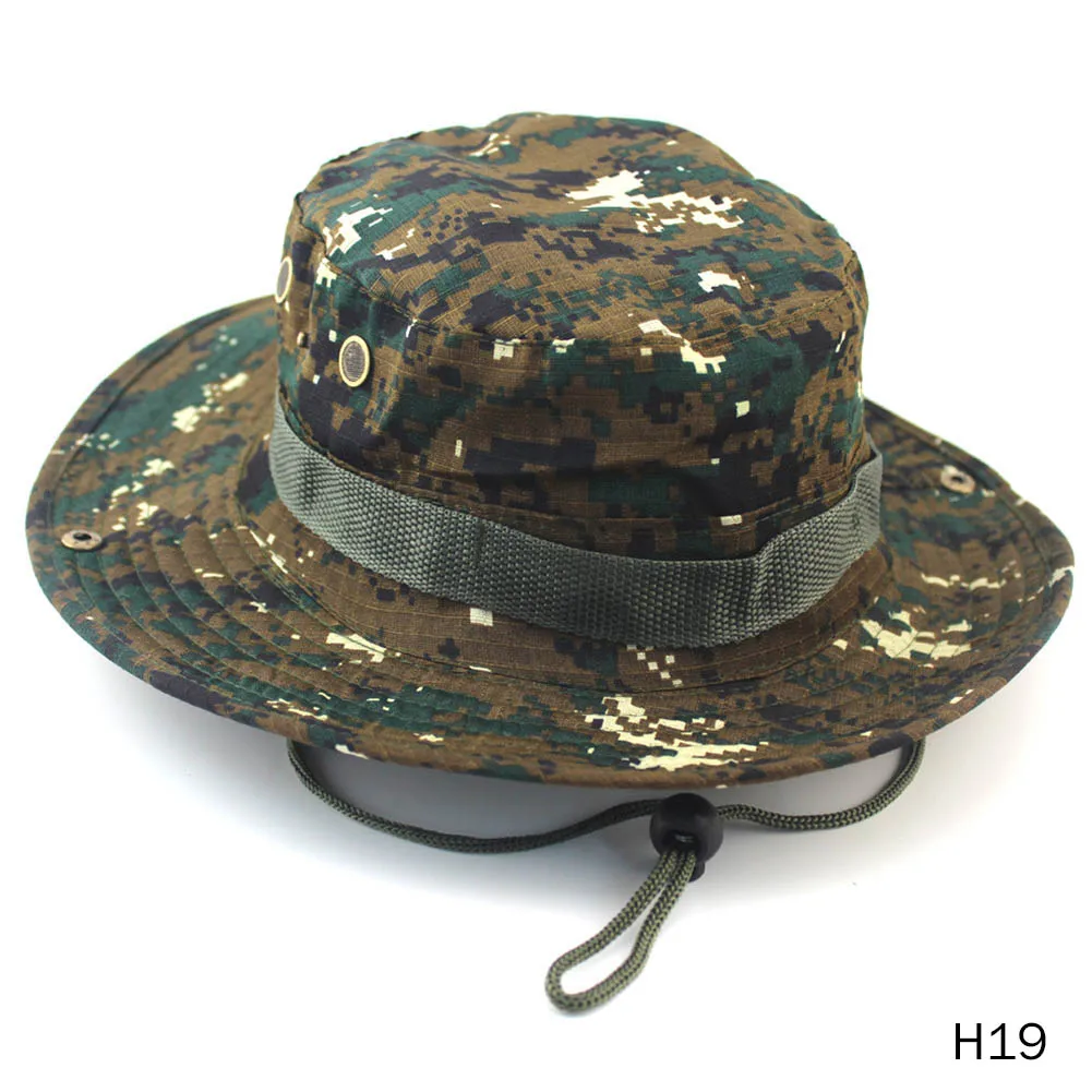 Камуфляжные Панамы с широкими полями, солнцезащитная Кепка Ripstop Camo, для рыбалки, охоты, пеших прогулок, для мужчин, сафари, летние джунгли, с веревочной шляпой - Цвет: H19