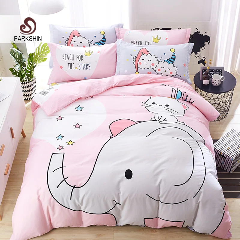 

ParkShin 100% Pure Cotton Bedding Set Cartoon Elephant Fitted Sheet Bed Linen Set Mattress Cover Pillowcase Duvet Cover No Quilt