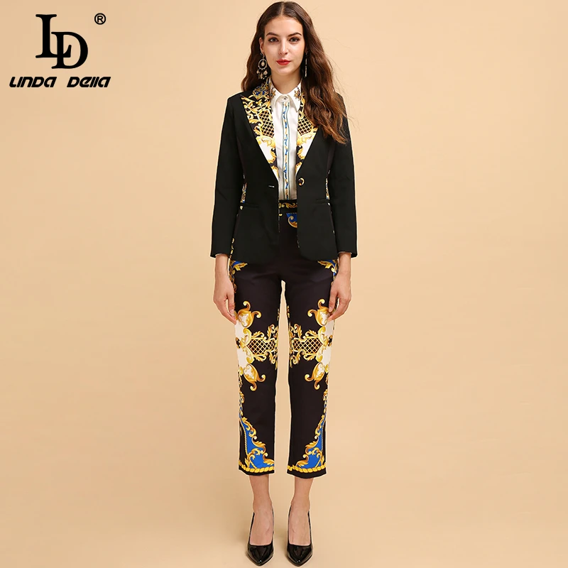 

LD LINDA DELLA Fashion Runway Autumn Career Suit Women's Long Sleeve Black Blazer + Vintage Printed Length Pants 2 Pieces Set