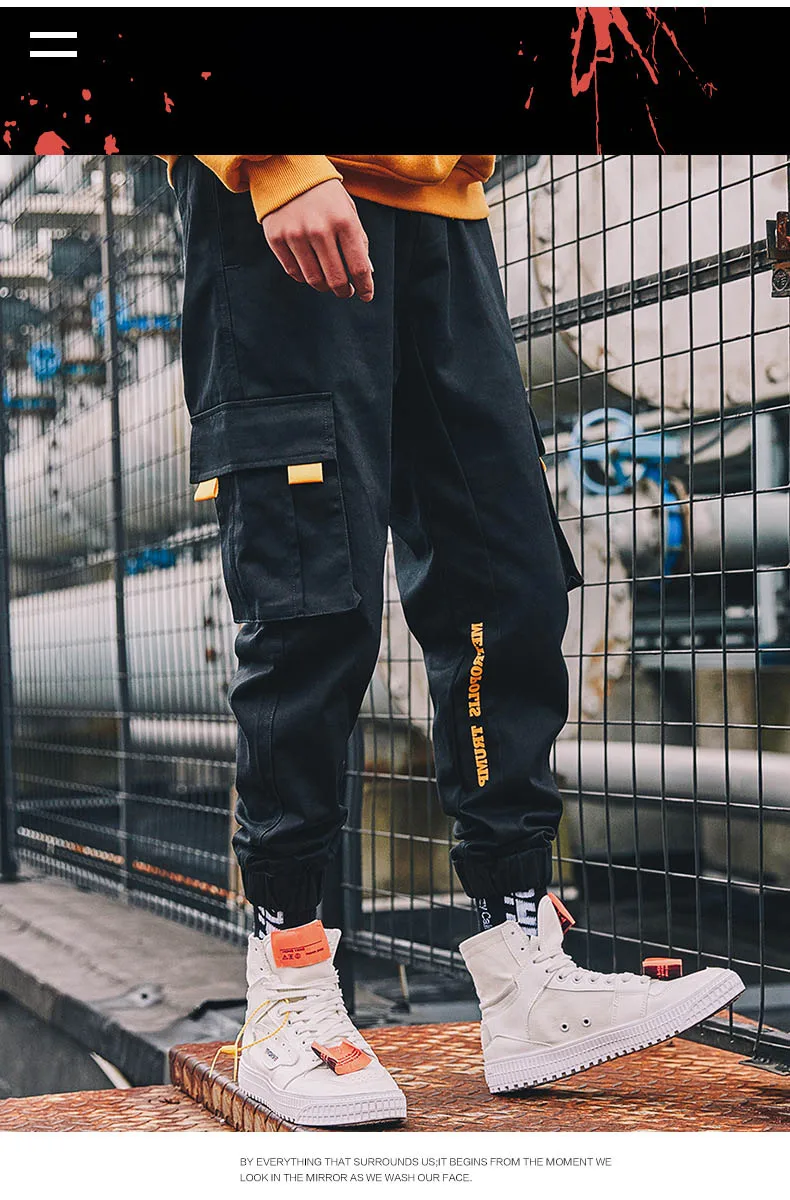 Черные мужские брюки карго, осень, свободные, модные, Ins Joggers, мужские брюки, повседневные, эластичная талия, средняя, камуфляжные штаны, хип-хоп, с карманами, мужские брюки