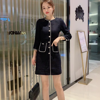 

Winter New Style Diamond-Studded Long-Sleeved Elegant Temperament Self-Cultivation Pocket Mini Dress Women High Quality
