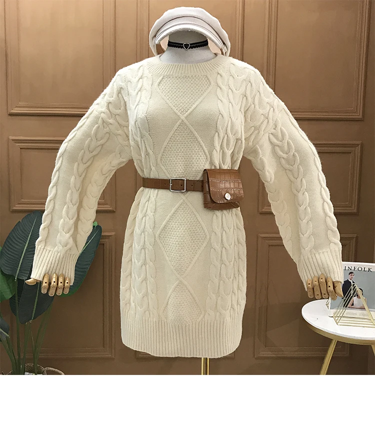 New Loose Long Sweater Women's Round Neck Retro Mid Length Knit Pullover Knitwear with Belt Girls Winter Knitted Shirt Sweaters