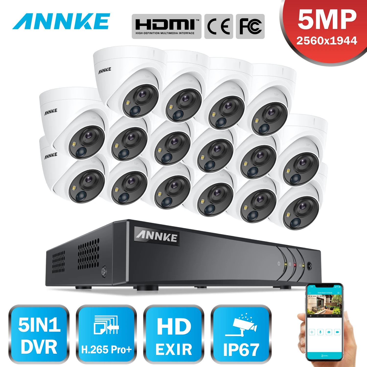 

ANNKE 16CH 5MP 5IN1 Ultra HD Video Security System 5MP Lite H.265+ DVR With 16X 5MP Dome Weatherproof Surveillance PIR CCTV Kit