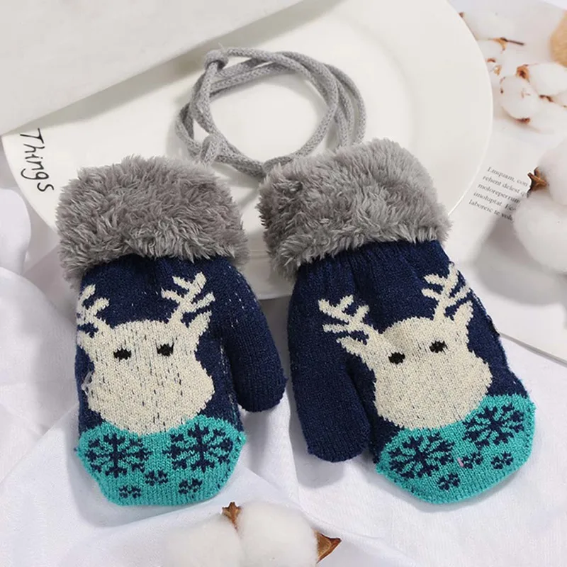 Зимние теплые детские перчатки для девочек и мальчиков с милым рисунком оленя, вязаные эластичные варежки, Детские утепленные перчатки на палец