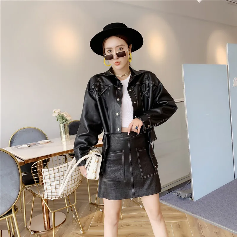 Genuine Leather Jacket Black Star Front and Back Peter Pan Collar Single Breasted Coat Women Autumn Casual Drop Shoulder Outwear