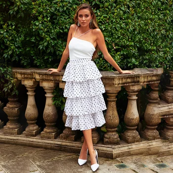 

Women Summer Suits White Backless Sling Tank Polka Dot Vintage Midi Tiered Skirt Elegant Holiday Ladies 2 Pcs Outfit Casual Sets