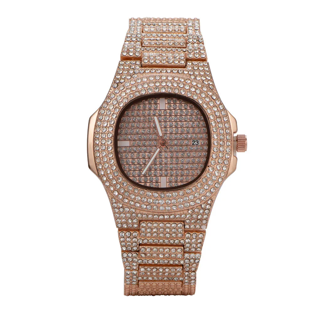 Rose Gold Часы в стиле хип-хоп золотого, Серебряного и черного цветов с фианитом высокого качества для мужчин - Цвет: Rose Gold