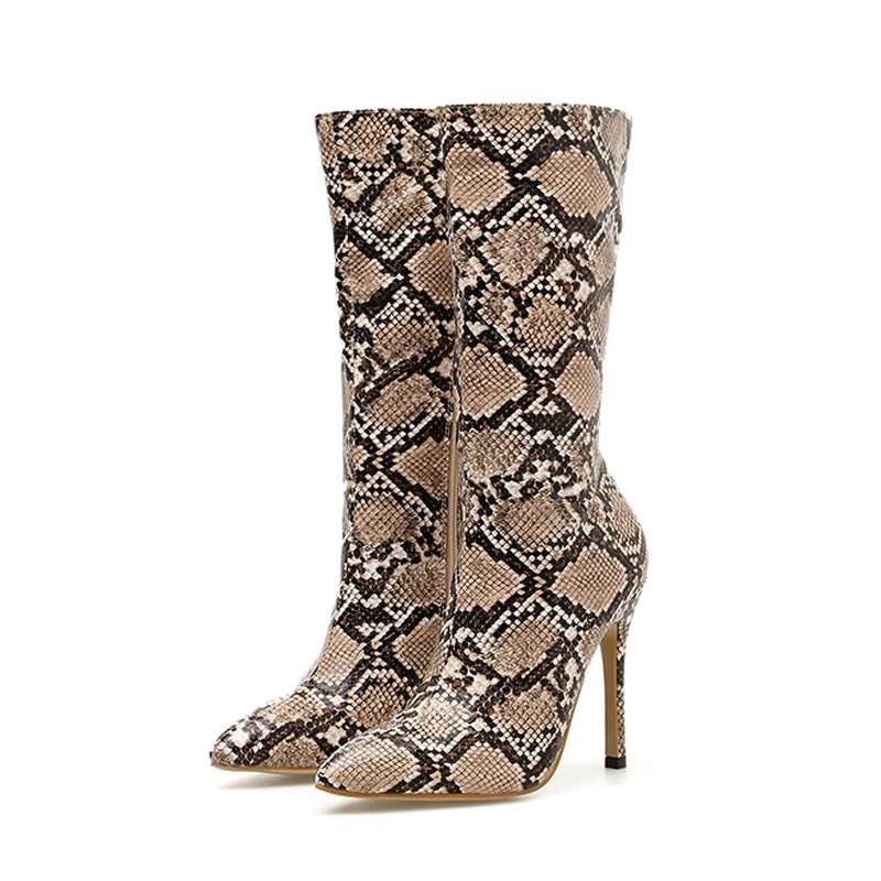 

Snake skin Women Boots Spring Autumn Fashion Casual Mid Tube thin Heel High Heels Plus Size Nightclub Sexy Green Women's Shoes