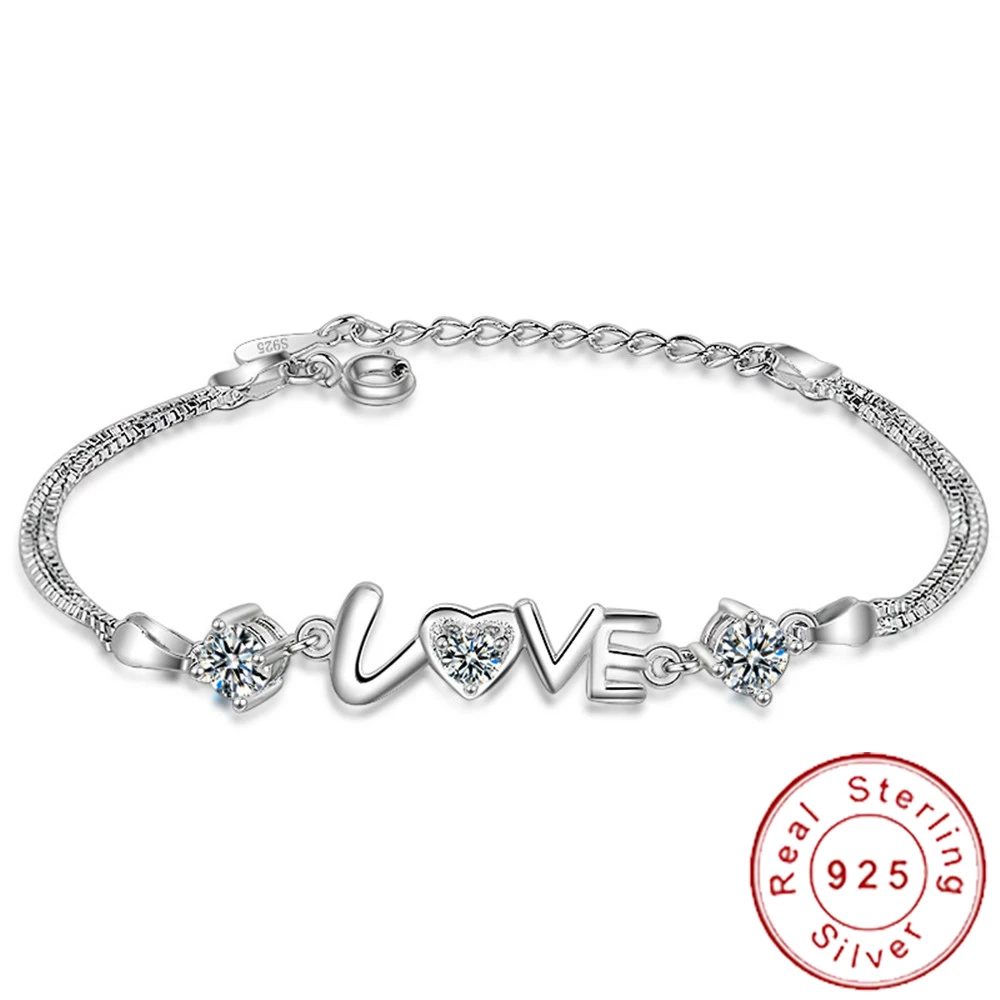 Изящный Настоящее серебро 925 проба сердце из фианита браслет Argent Femme начальный Braclet женский ручной цепь на руку SB024