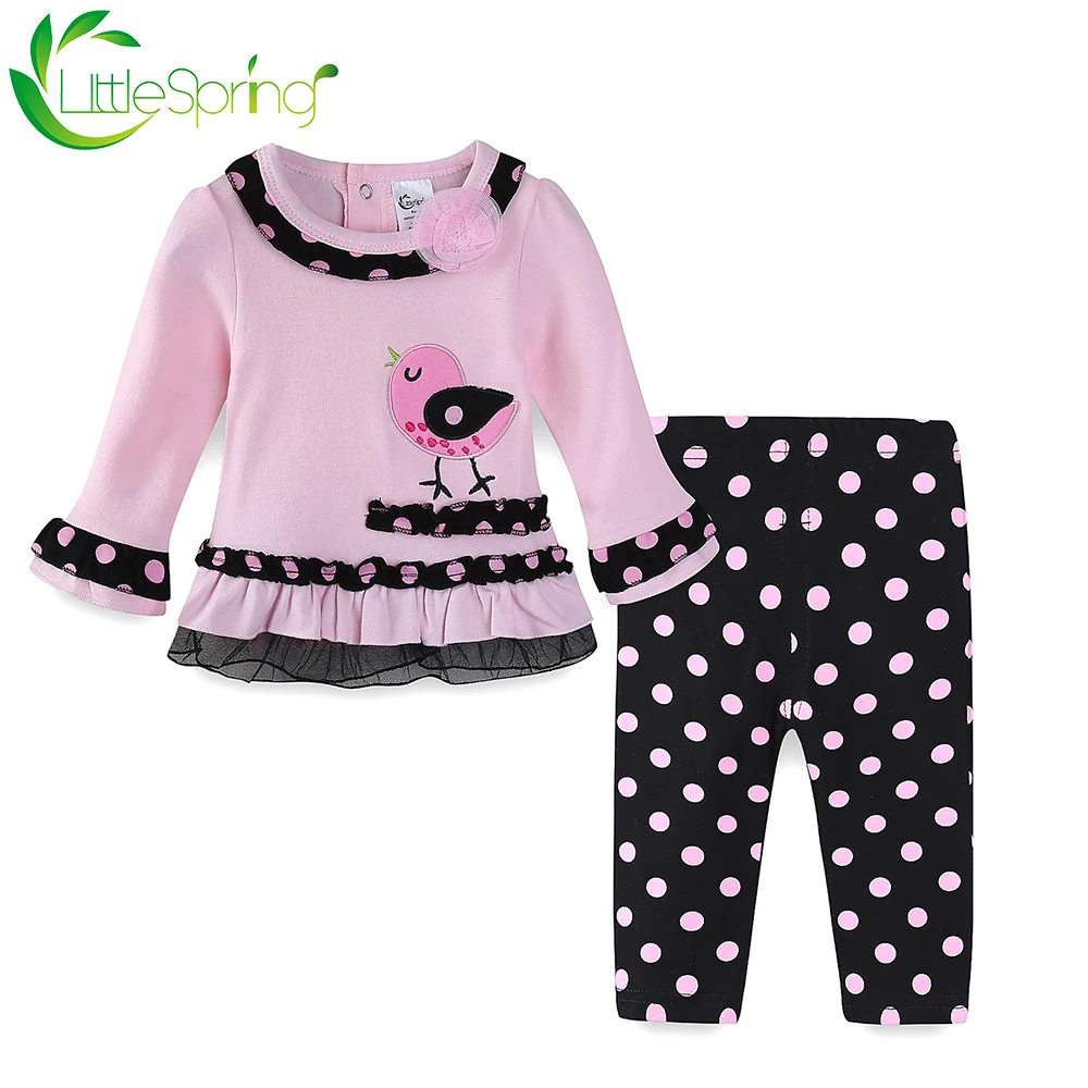 LittleSpring/Одежда для маленьких девочек Милый топ с вышивкой в виде цыпленка и брюки