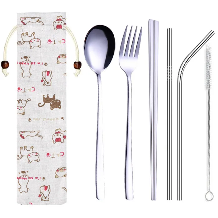 Stainless Steel Cutlery Set Five-piece Suit Linen Bag Tableware Travel Outdoor Office Picnic Barbecue D6