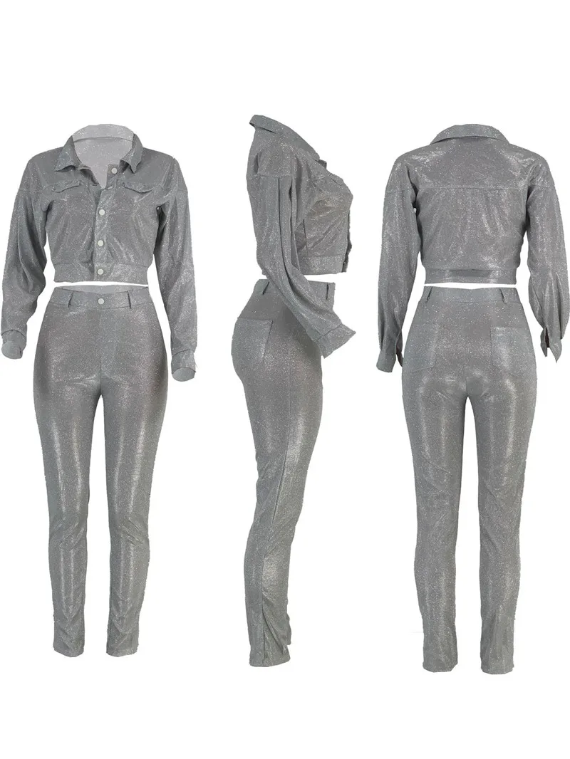 Женский Блестящий спортивный костюм из двух предметов зимняя блестящая куртка и