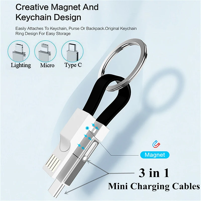 3 в 1 брелок USB кабель для зарядки Micro usb type C кабель для освещения для смартфонов Android 2A мини брелок зарядное устройство зарядный кабель