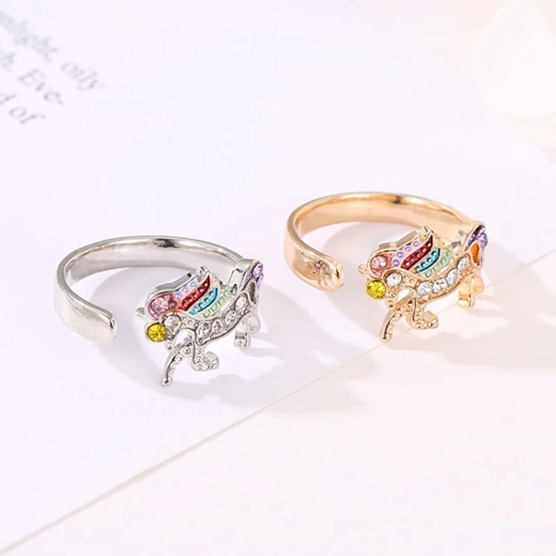 

2019 Fashion Cartoon Cute Unicorn Ring Adjustable Alloy Crystal Finger Ring Jewelry for Women Wholesale Lots Bulk