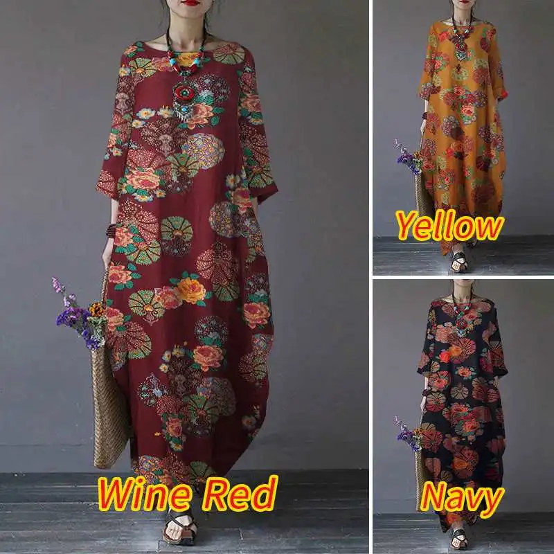 ZANZEA Vintage Printed Maxi Long Dress Women Sundress Casual Long Sleeve Kaftan Dresses Female Baggy Floral Vestidos Plus Size 7